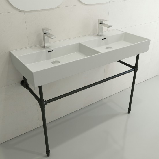 Milano Wall-Mounted Sink Fireclay 47.75 in. Double Bowl in Matte White