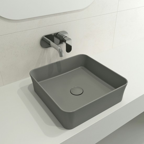 Sottile Square Vessel Fireclay 15.25 in. with Matching Drain Cover in Matte Gray