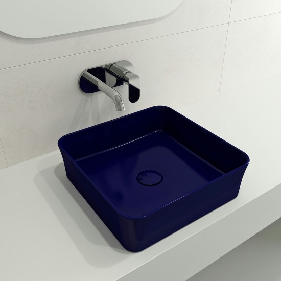 Sottile Square Vessel Fireclay 15.25 in. with Drain Cover in Sapphire Blue