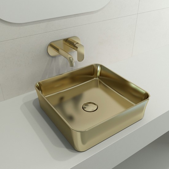 Sottile Square Vessel Fireclay 15.25 in. with Matching Drain Cover in Matte Gold