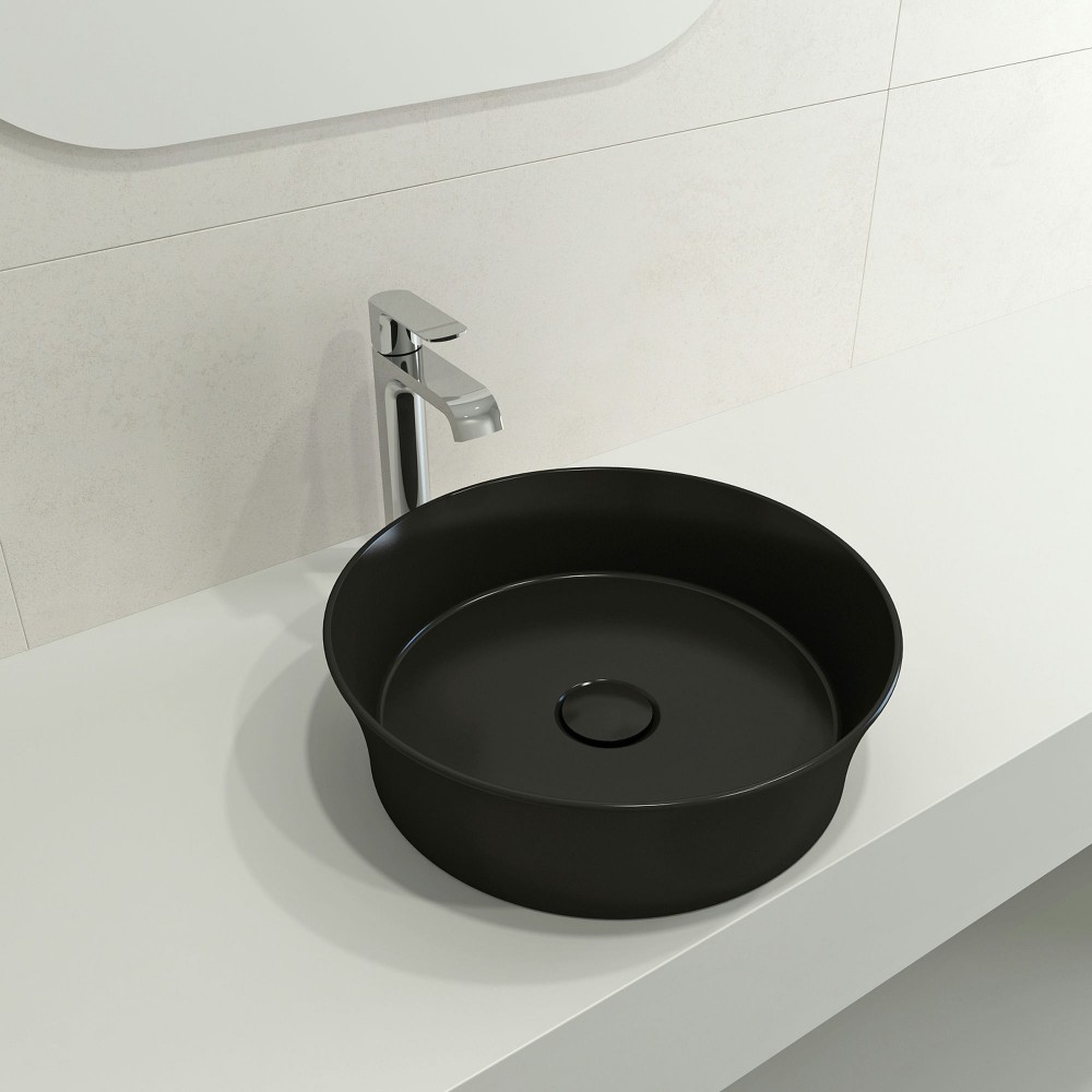 Sottile Round Vessel Fireclay 15 in. with Matching Drain Cover in Matte Black