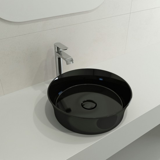 Sottile Round Vessel Fireclay 15 in. with Matching Drain Cover in Black