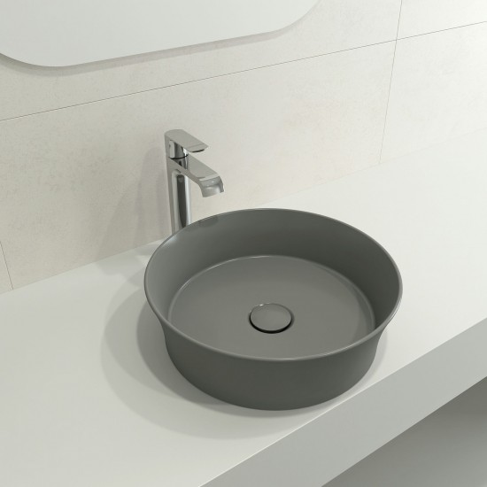 Sottile Round Vessel Fireclay 15 in. with Matching Drain Cover in Matte Gray