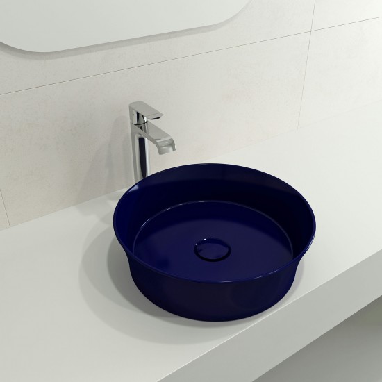 Sottile Round Vessel Fireclay 15 in. with Matching Drain Cover in Sapphire Blue