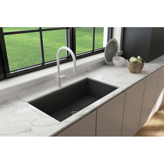 Baveno Lux Dual-Mount 34 in. Single Bowl Kitchen Sink in Matte Black with Covers