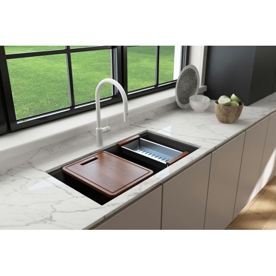 Baveno Lux Dual-Mount 34 in. Single Bowl Kitchen Sink in Matte Black with Covers