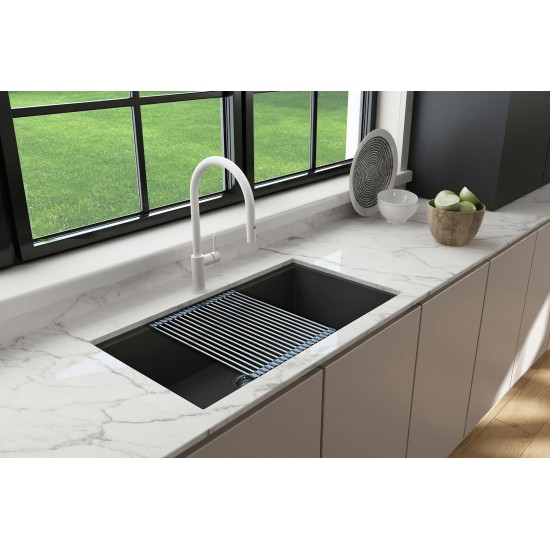 Baveno Lux Dual-Mount 34 in. Single Bowl Kitchen Sink in Matte Black with Covers