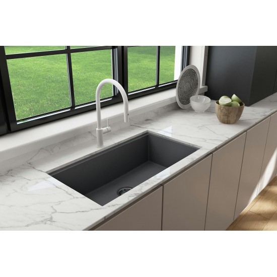 Baveno Lux Dual-Mount 34in. Single Bowl Kitchen Sinkin Concrete Gray with Covers