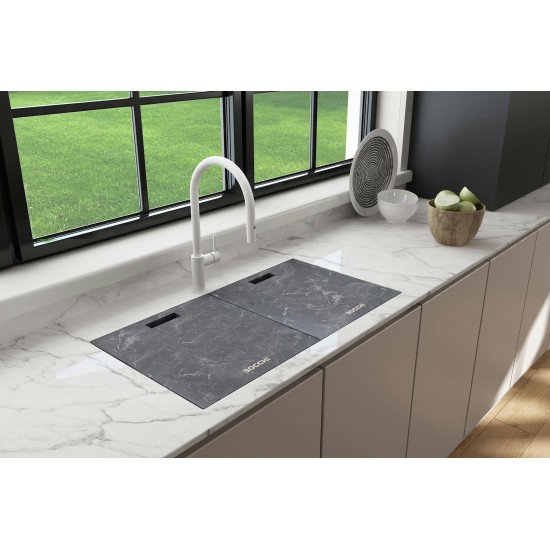 Baveno Lux Dual-Mount 34in. Single Bowl Kitchen Sinkin Concrete Gray with Covers