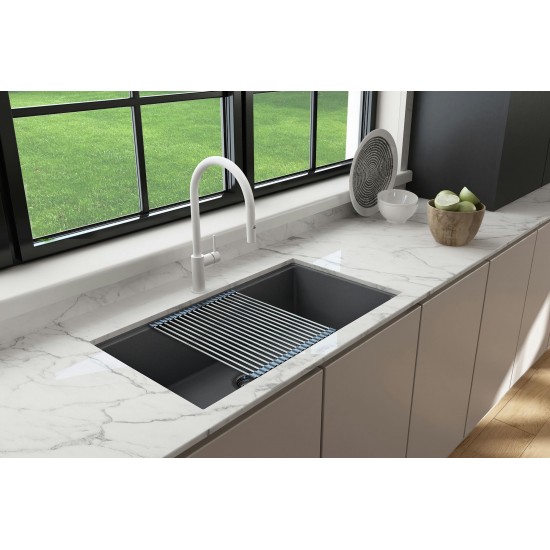 Baveno Lux Dual-Mount 34in. Single Bowl Kitchen Sinkin Concrete Gray with Covers