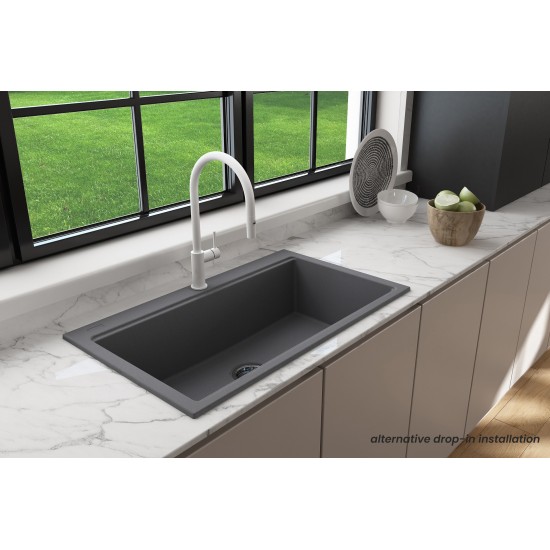 Baveno Lux Dual-Mount 34in. Single Bowl Kitchen Sinkin Concrete Gray with Covers