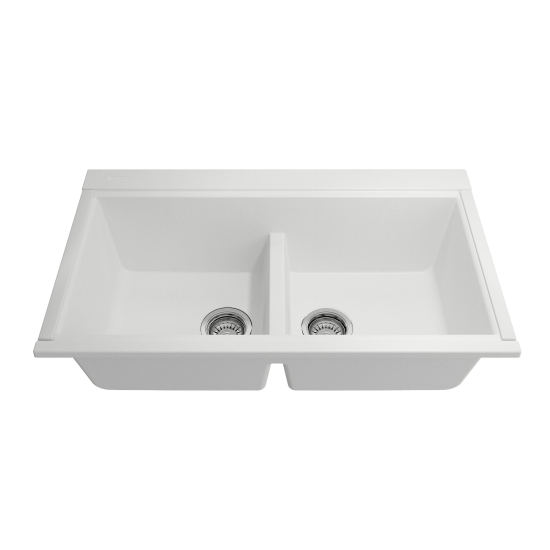 Baveno Lux Undermount 34D in. Double Bowl Kitchen Sink in Milk White with Covers