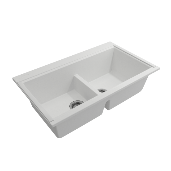 Baveno Lux Undermount 34D in. Double Bowl Kitchen Sink in Milk White with Covers