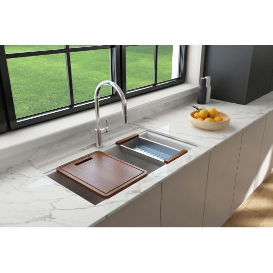 Baveno Lux Undermount 34D in. Double Bowl Kitchen Sink in Milk White with Covers