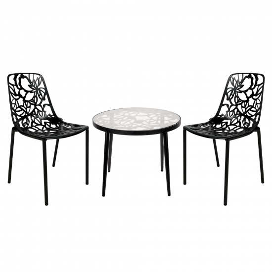 LeisureMod Devon Mid-Century 3-Piece Aluminum Outdoor Patio Dining Set, Black