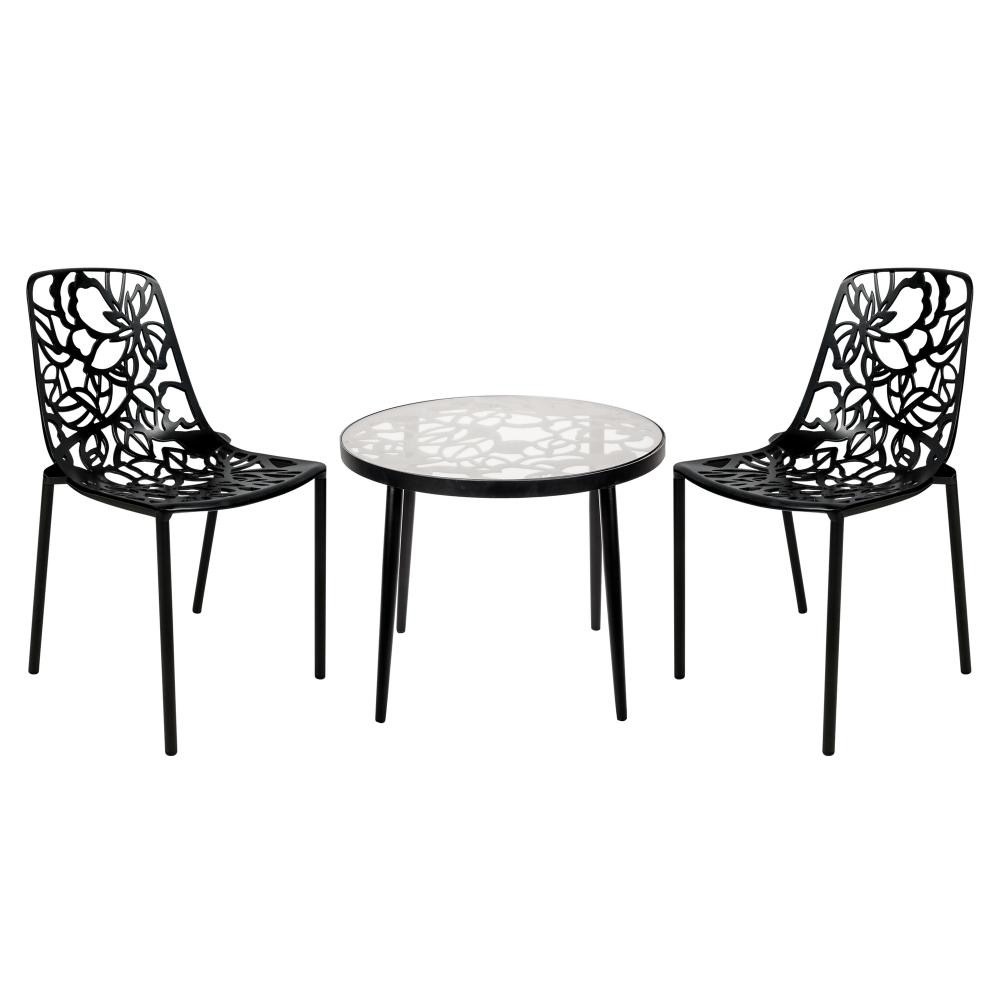 LeisureMod Devon Mid-Century 3-Piece Aluminum Outdoor Patio Dining Set, Black