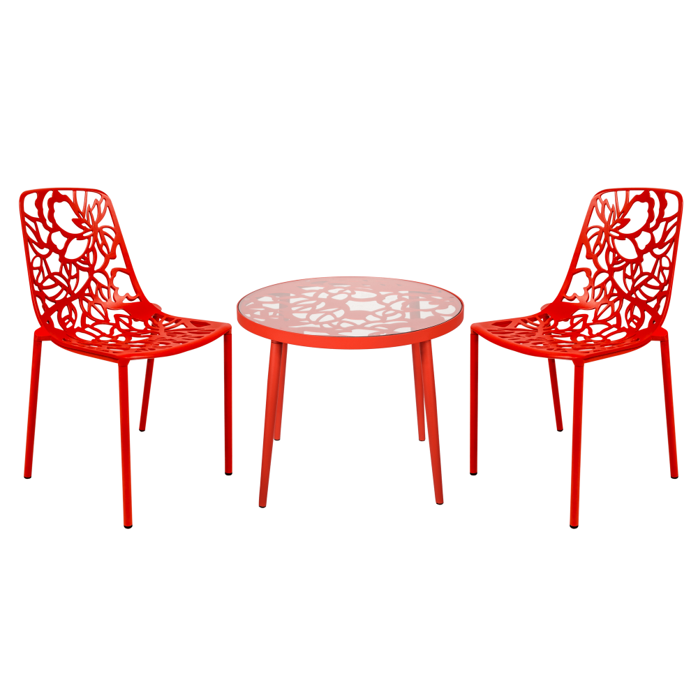 LeisureMod Devon Mid-Century 3-Piece Aluminum Outdoor Patio Dining Set, Red