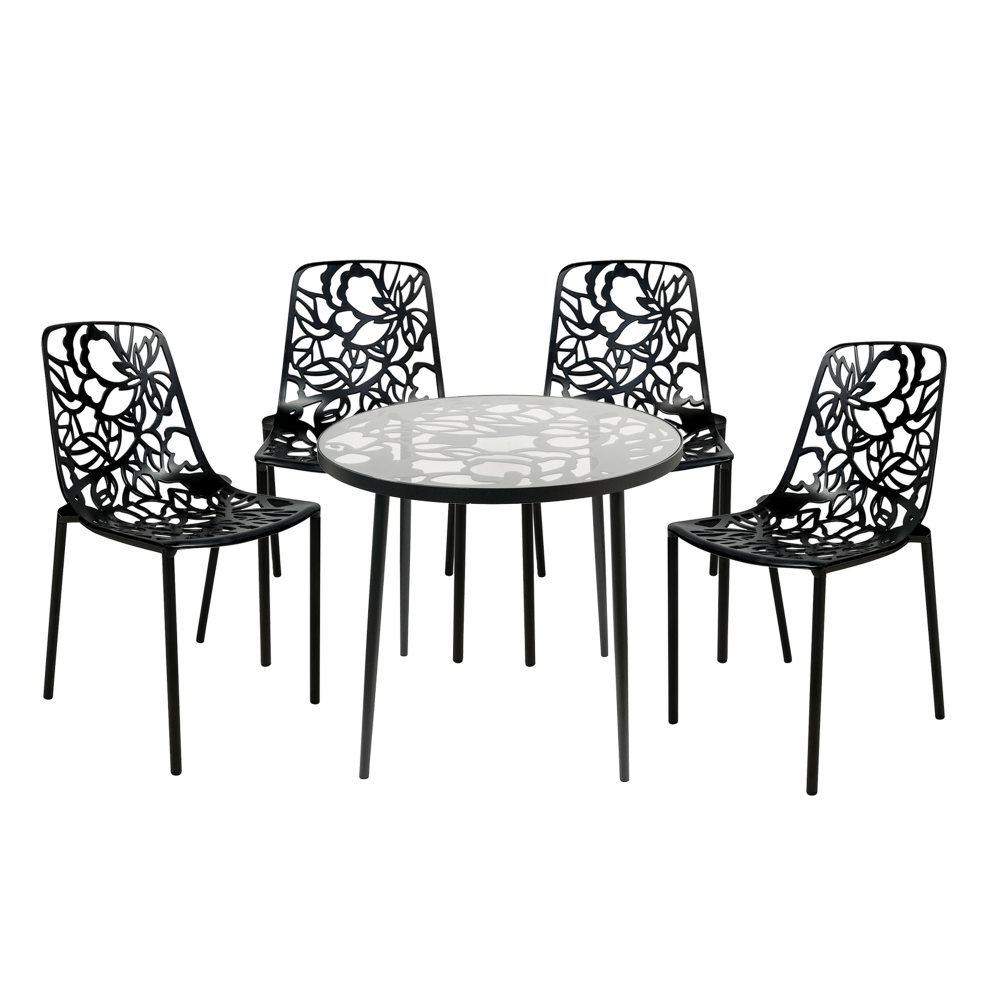 LeisureMod Devon Mid-Century 5-Piece Aluminum Outdoor Patio Dining Set, Black