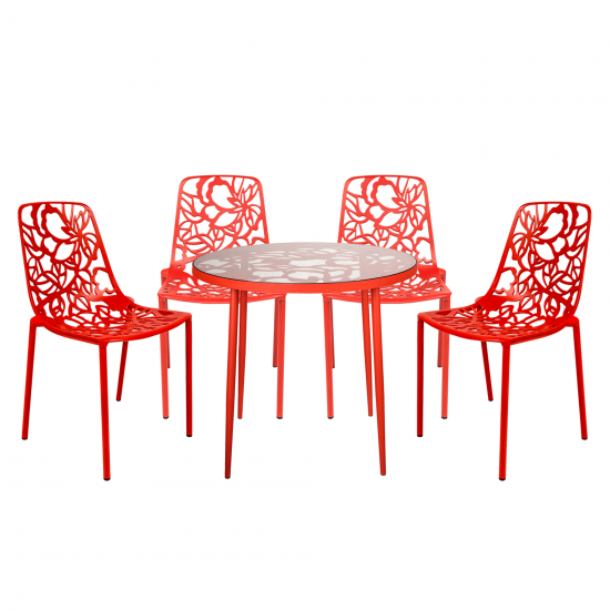 LeisureMod Devon Mid-Century 5-Piece Aluminum Outdoor Patio Dining Set, Red