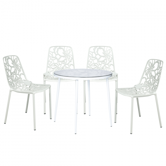 LeisureMod Devon Mid-Century 5-Piece Aluminum Outdoor Patio Dining Set, White