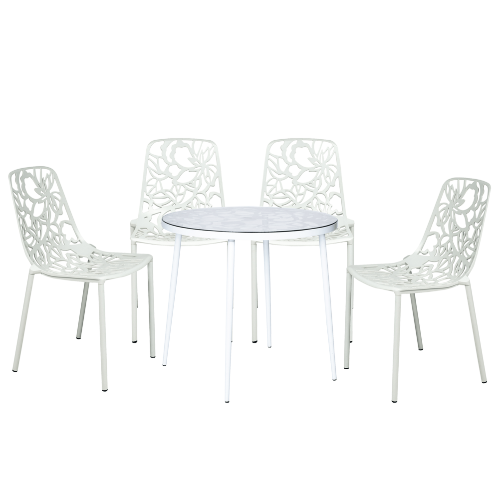 LeisureMod Devon Mid-Century 5-Piece Aluminum Outdoor Patio Dining Set, White