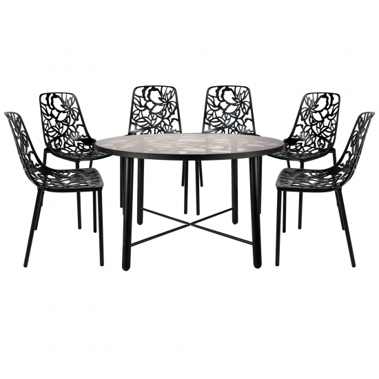 LeisureMod Devon Mid-Century 7-Piece Aluminum Outdoor Patio Dining Set, Black