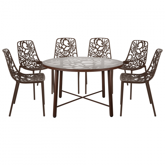 LeisureMod Devon Mid-Century 7-Piece Aluminum Outdoor Patio Dining Set, Brown