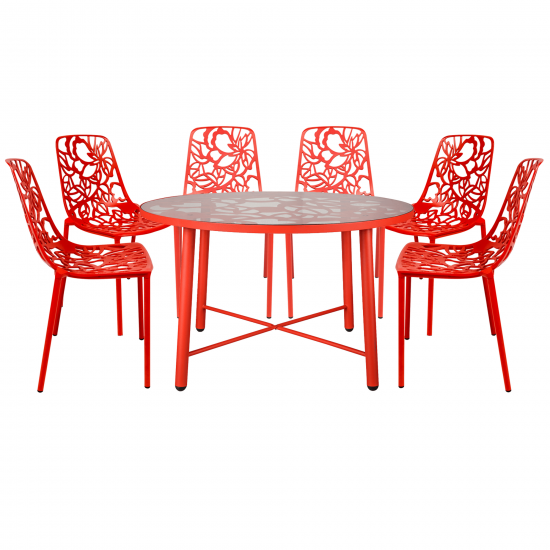 LeisureMod Devon Mid-Century 7-Piece Aluminum Outdoor Patio Dining Set, Red