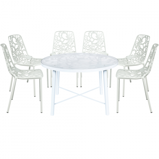 LeisureMod Devon Mid-Century 7-Piece Aluminum Outdoor Patio Dining Set, White