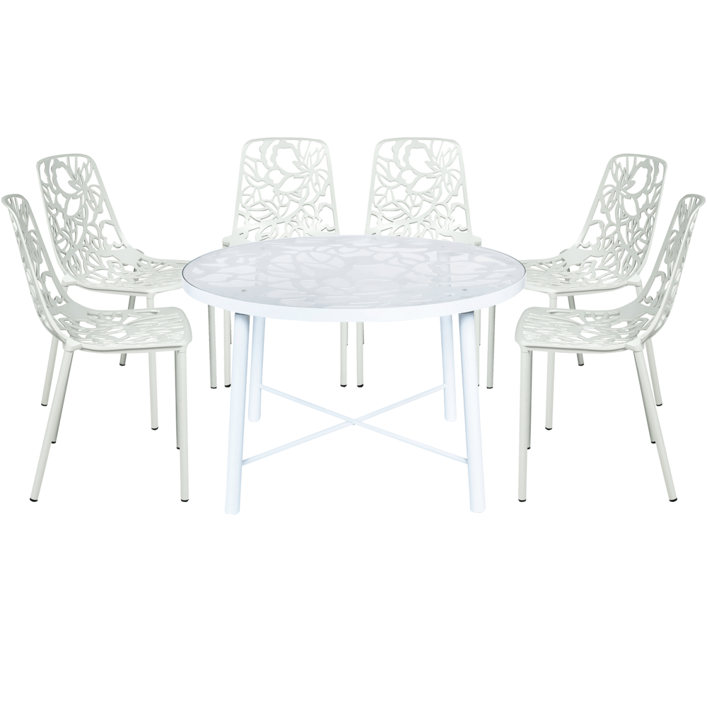 LeisureMod Devon Mid-Century 7-Piece Aluminum Outdoor Patio Dining Set, White