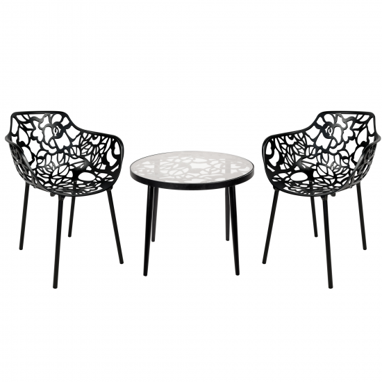 LeisureMod Devon Mid-Century Modern 3-Piece Outdoor Patio Dining Set, Black