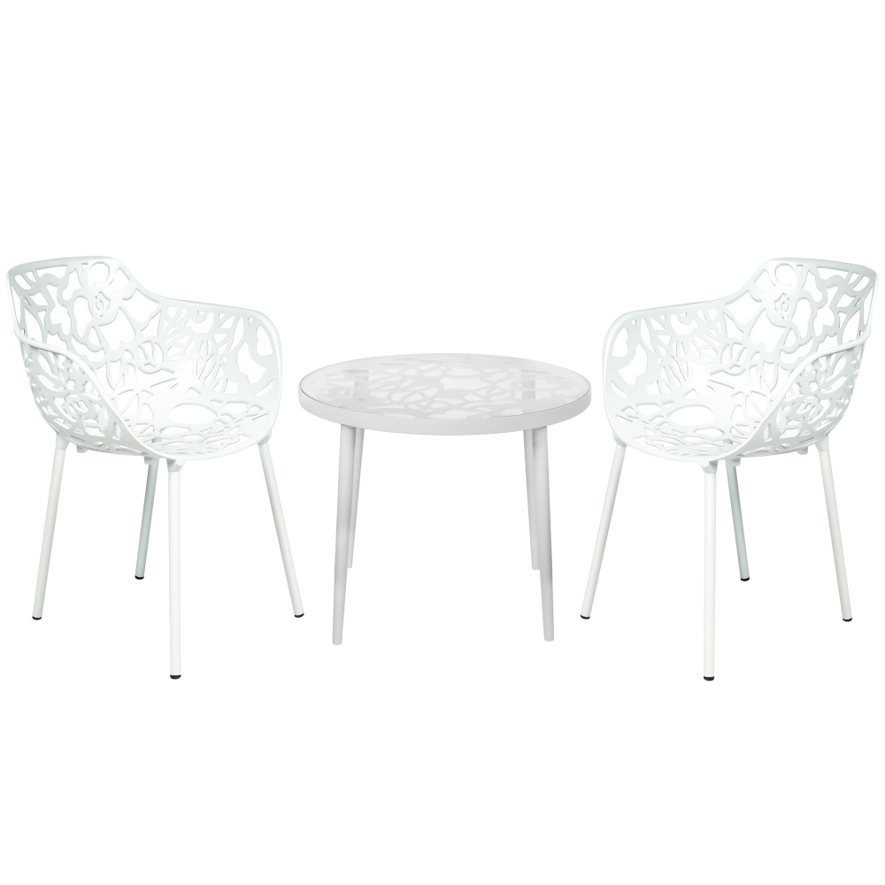 LeisureMod Devon Mid-Century Modern 3-Piece Outdoor Patio Dining Set, White