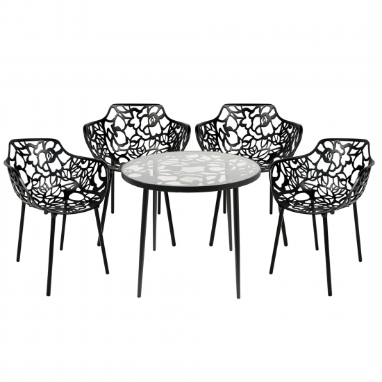 LeisureMod Devon Mid-Century Modern 5-Piece Outdoor Patio Dining Set, Black