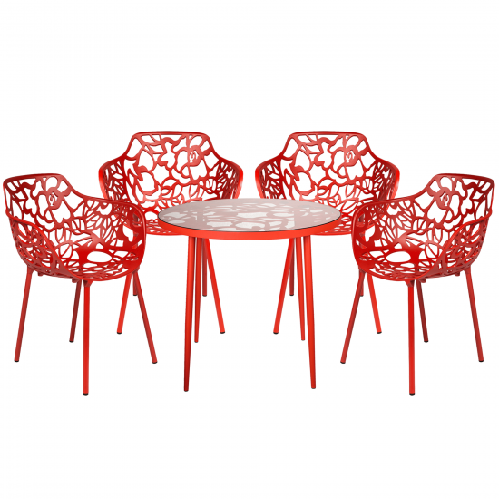 LeisureMod Devon Mid-Century Modern 5-Piece Outdoor Patio Dining Set, Red