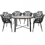 LeisureMod Devon Mid-Century Modern 7-Piece Outdoor Patio Dining Set, Black