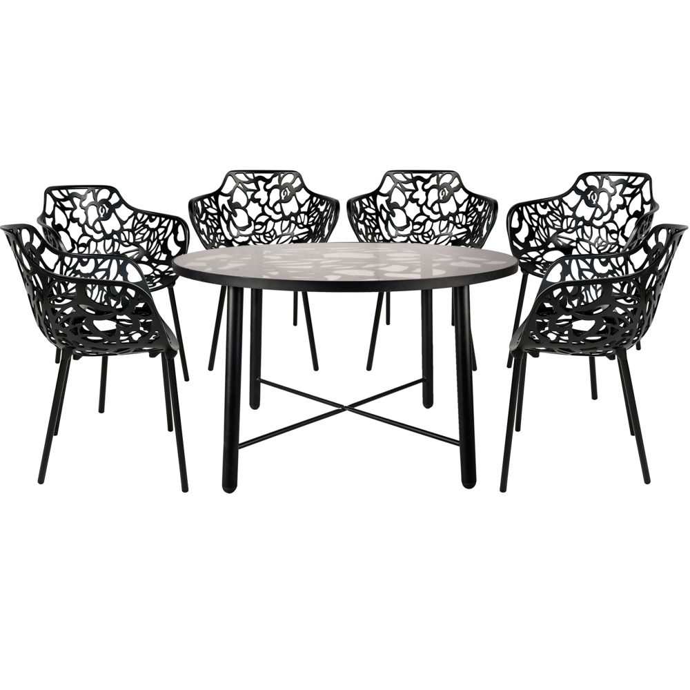 LeisureMod Devon Mid-Century Modern 7-Piece Outdoor Patio Dining Set, Black