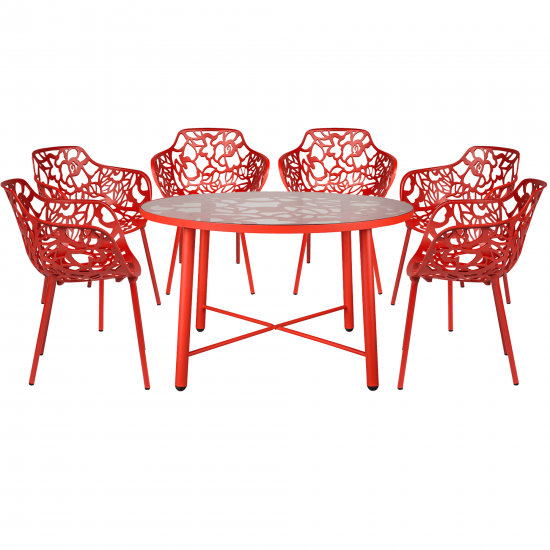 LeisureMod Devon Mid-Century Modern 7-Piece Outdoor Patio Dining Set, Red