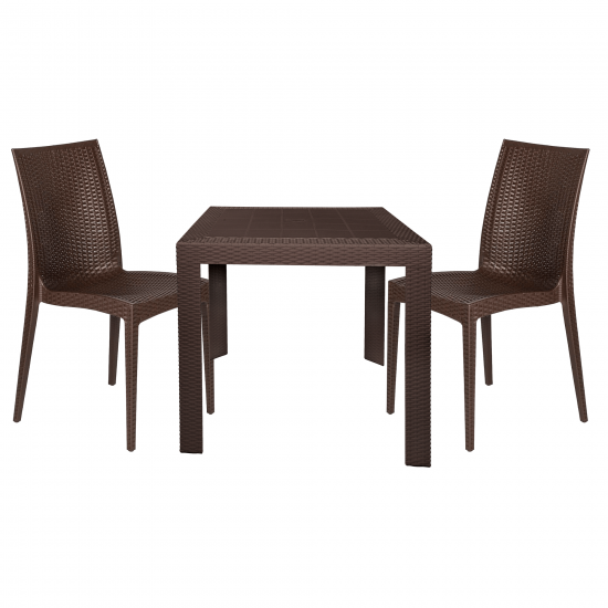 LeisureMod Mace 3-Piece Outdoor Dining Set with Plastic Square Table, Brown