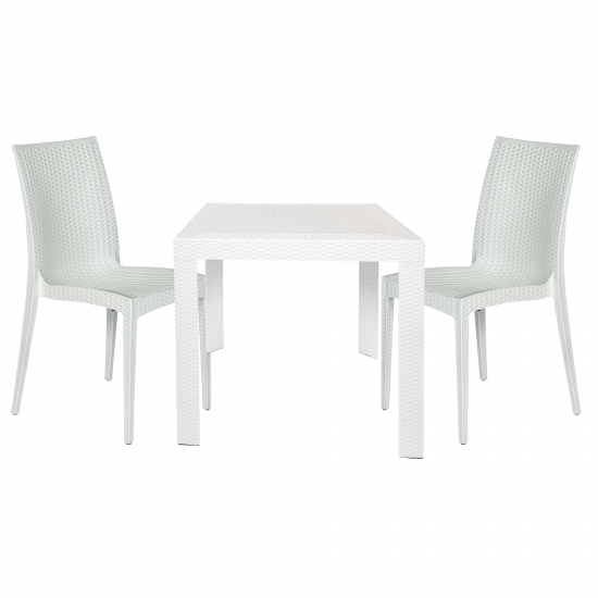 LeisureMod Mace 3-Piece Outdoor Dining Set with Plastic Square Table, White