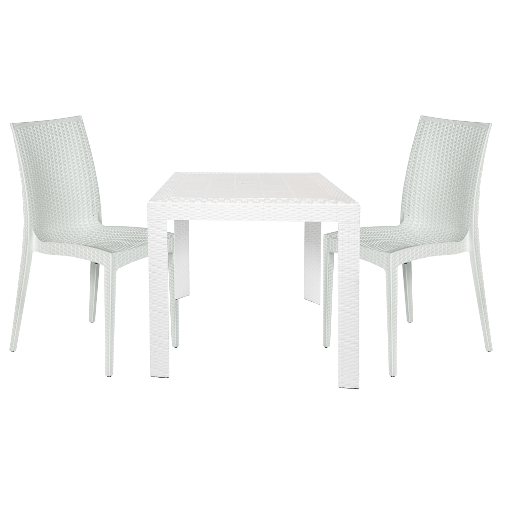 LeisureMod Mace 3-Piece Outdoor Dining Set with Plastic Square Table, White