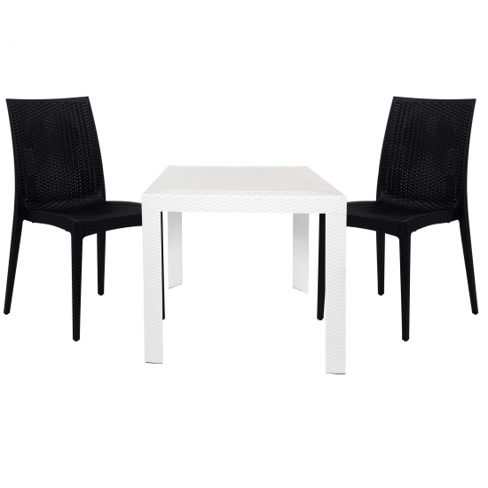 LeisureMod Mace 3-Piece Outdoor Dining Set, Plastic Square Table, White/Black