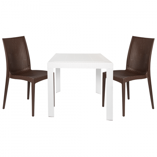 LeisureMod Mace 3-Piece Outdoor Dining Set, Plastic Square Table, White/Brown