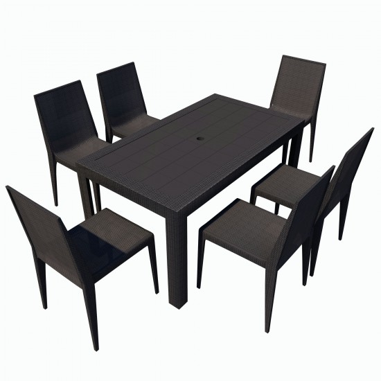 LeisureMod Mace 7-Piece Outdoor Dining Set with Rectangular Table, Black