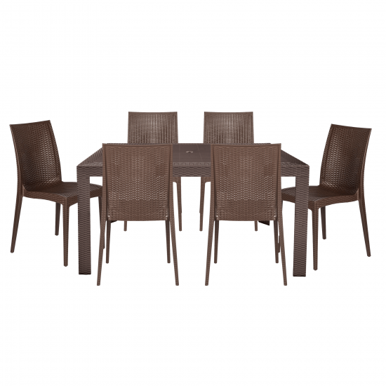 LeisureMod Mace 7-Piece Outdoor Dining Set with Rectangular Table, Brown