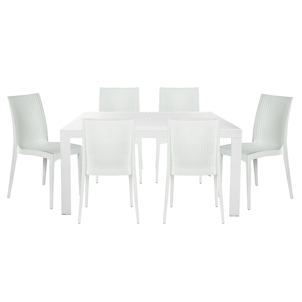 LeisureMod Mace 7-Piece Outdoor Dining Set with Rectangular Table, White