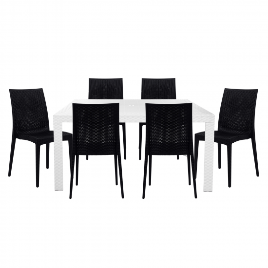 LeisureMod Mace 7-Piece Outdoor Dining Set with Rectangular Table, White/Black