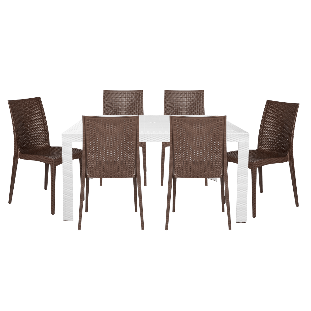 LeisureMod Mace 7-Piece Outdoor Dining Set with Rectangular Table, White/Brown