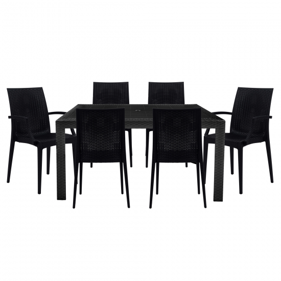 LeisureMod Mace Mid-Century 7-Piece Rectangular Outdoor Dining Set, Black