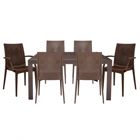 LeisureMod Mace Mid-Century 7-Piece Rectangular Outdoor Dining Set, Brown