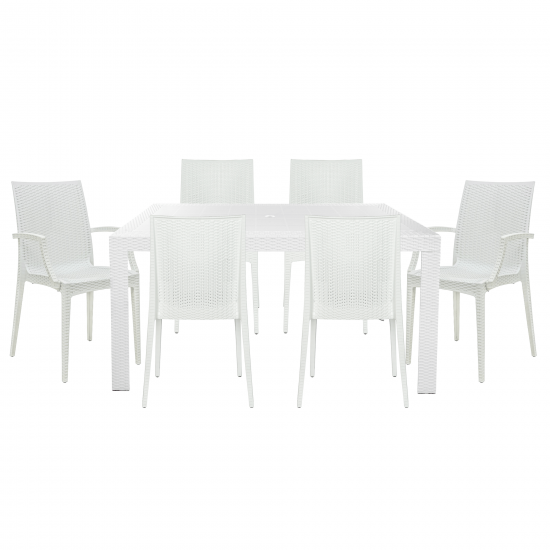 LeisureMod Mace Mid-Century 7-Piece Rectangular Outdoor Dining Set, White